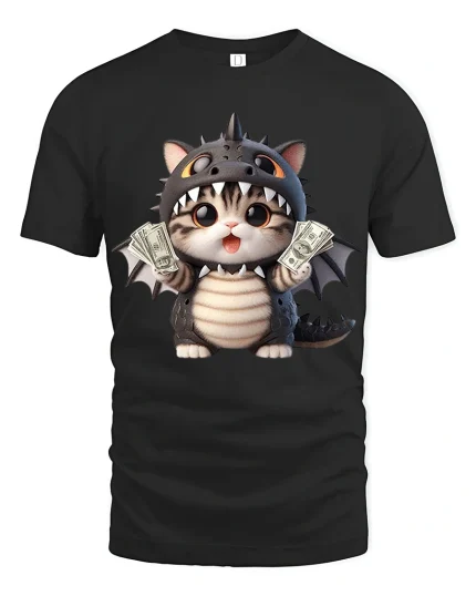 Cute Dragon Cat With Cash Graphic T Shirt Funny Tee - black t-shirt on white background