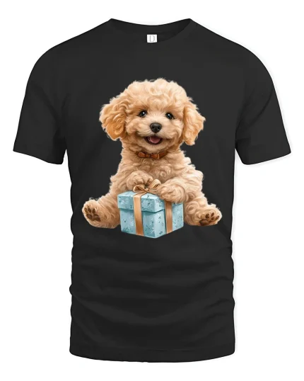 Cute Poodle Puppy With Gift Box Graphic T Shirt Tee - black t-shirt on white background