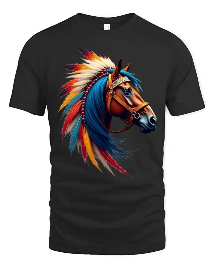 Native Style Horse Head Graphic T Shirt Artistic Tee - black t-shirt on white background