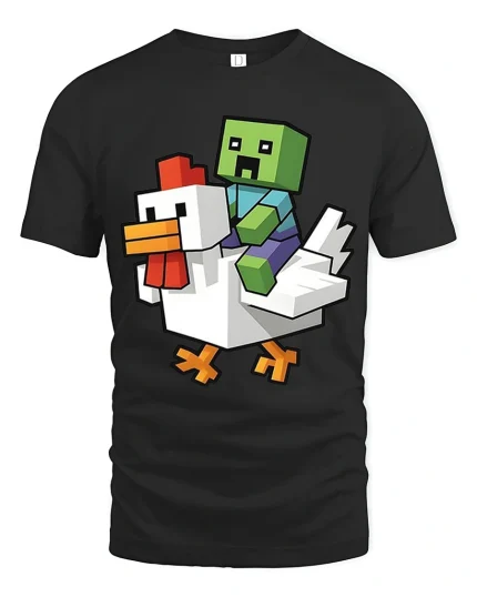 Funny Block Zombie Riding Chicken Graphic T Shirt Tee - black t-shirt on white background