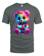 Cute Rainbow Teddy Bear With Heart Graphic T Shirt Tee - gray t-shirt on white background