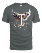 Elegant Letter T With Angel Wings Graphic T Shirt Tee - gray t-shirt on white background