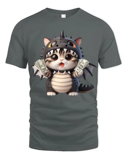 Cute Dragon Cat With Cash Graphic T Shirt Funny Tee - gray t-shirt on white background