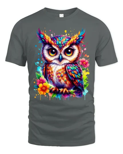 Colorful Owl Art Graphic T Shirt Vibrant Wildlife Tee - gray t-shirt on white background