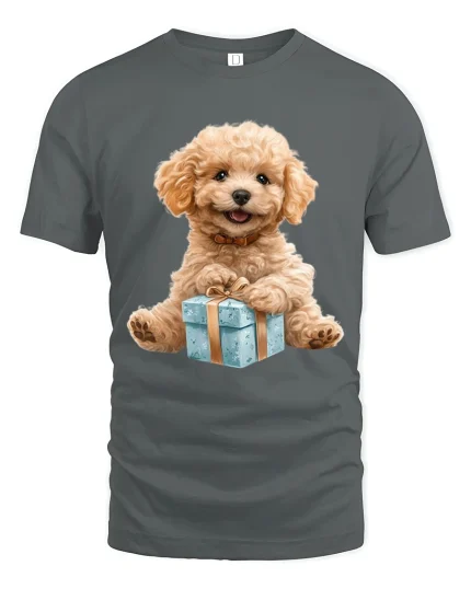 Cute Poodle Puppy With Gift Box Graphic T Shirt Tee - gray t-shirt on white background