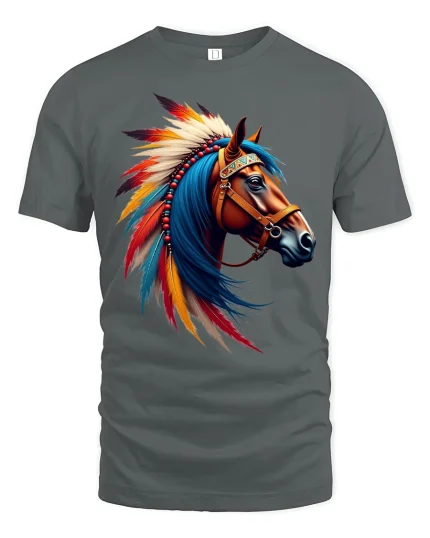 Native Style Horse Head Graphic T Shirt Artistic Tee - gray t-shirt on white background
