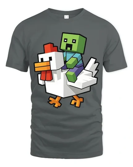 Funny Block Zombie Riding Chicken Graphic T Shirt Tee - gray t-shirt on white background