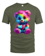 Cute Rainbow Teddy Bear With Heart Graphic T Shirt Tee - military green t-shirt on white background