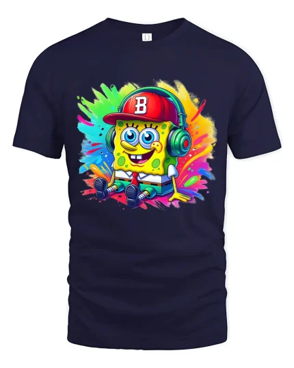 Funny Sponge Cartoon With Headphones Graphic T Shirt Tee - navy t-shirt on white background