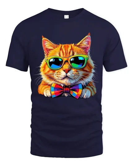 Cool Cat With Sunglasses And Bow Tie Graphic T Shirt Tee - navy t-shirt on white background