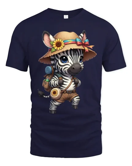 Cute Zebra Explorer With Sunflower Graphic T Shirt Tee - navy t-shirt on white background