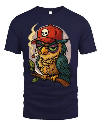 Cool Gangster Owl With Crown Hat Graphic T Shirt Tee - navy t-shirt on white background