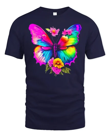 Colorful Rainbow Butterfly Floral Graphic T Shirt Tee - navy t-shirt on white background