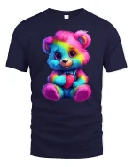 Cute Rainbow Teddy Bear With Heart Graphic T Shirt Tee - navy t-shirt on white background