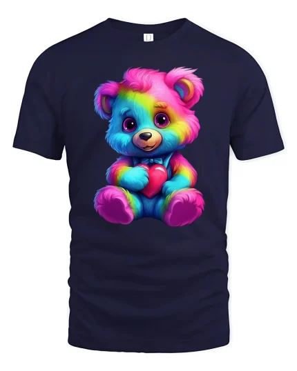 Cute Rainbow Teddy Bear With Heart Graphic T Shirt Tee - navy t-shirt on white background