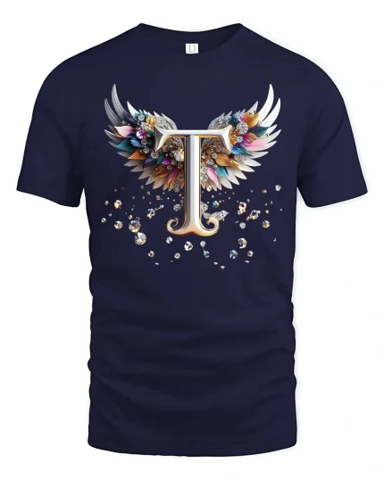 Elegant Letter T With Angel Wings Graphic T Shirt Tee - navy t-shirt on white background