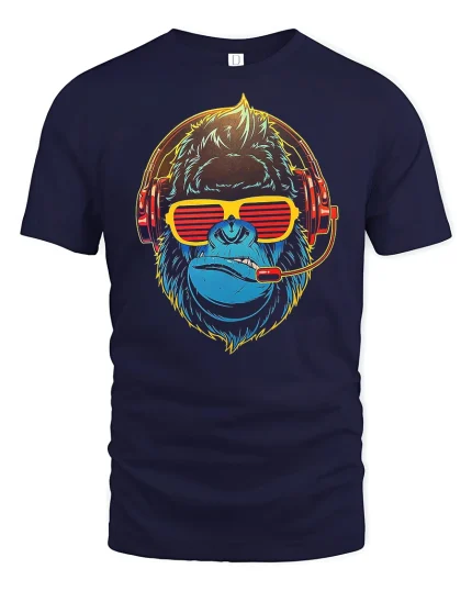 Cool Gamer Gorilla With Headset Graphic T Shirt Tee - navy t-shirt on white background