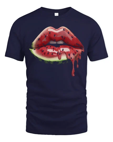 Watermelon Lips Drip Art Graphic T Shirt Tee - navy t-shirt on white background