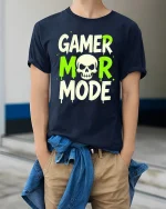 Gamer Mor Mode Skull Graphic T Shirt Funny Gaming Tee - model wearing navy tee with hands in pockets