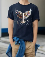 Elegant Letter T With Angel Wings Graphic T Shirt Tee - model wearing navy tee with hands in pockets