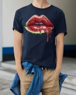 Watermelon Lips Drip Art Graphic T Shirt Tee - model wearing navy tee with hands in pockets