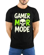 Gamer Mor Mode Skull Graphic T Shirt Funny Gaming Tee - model wearing black tee with hands behind back