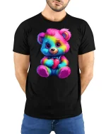 Cute Rainbow Teddy Bear With Heart Graphic T Shirt Tee - model wearing black tee with hands behind back