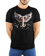 Elegant Letter T With Angel Wings Graphic T Shirt Tee - model wearing black tee with hands behind back