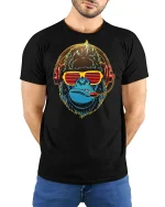 Cool Gamer Gorilla With Headset Graphic T Shirt Tee - model wearing black tee with hands behind back