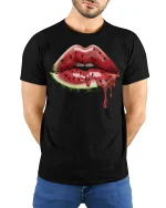 Watermelon Lips Drip Art Graphic T Shirt Tee - model wearing black tee with hands behind back