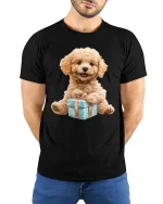 Cute Poodle Puppy With Gift Box Graphic T Shirt Tee - model wearing black tee with hands behind back