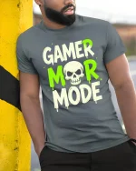 Gamer Mor Mode Skull Graphic T Shirt Funny Gaming Tee - model wearing grey tee, leaning on column