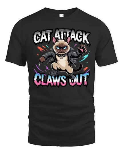 Cat Attack Claws Out Funny Angry Cat Graphic T Shirt - black t-shirt on white background