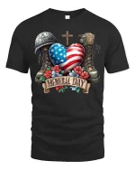Memorial Day Patriotic Heart Flag Tribute Graphic T Shirt - black t-shirt on white background