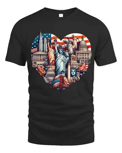 USA Landmarks Heart Patriotic Travel Graphic T Shirt - black t-shirt on white background
