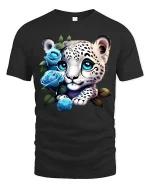 Cute Snow Leopard Cub Blue Roses Graphic T Shirt Design - black t-shirt on white background