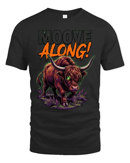 Mooove Along Funny Highland Cow Attitude Graphic T Shirt - black t-shirt on white background