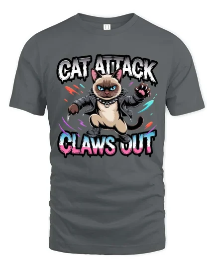 Cat Attack Claws Out Funny Angry Cat Graphic T Shirt - gray t-shirt on white background
