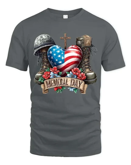 Memorial Day Patriotic Heart Flag Tribute Graphic T Shirt - gray t-shirt on white background