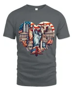 USA Landmarks Heart Patriotic Travel Graphic T Shirt - gray t-shirt on white background