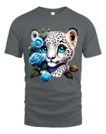 Cute Snow Leopard Cub Blue Roses Graphic T Shirt Design - gray t-shirt on white background