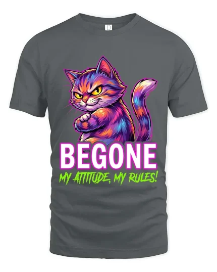 Begone My Attitude My Rules Funny Cat Graphic T Shirt - gray t-shirt on white background