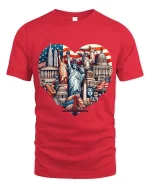 USA Landmarks Heart Patriotic Travel Graphic T Shirt - red t-shirt on white background