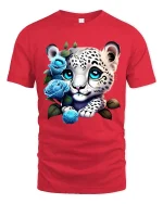 Cute Snow Leopard Cub Blue Roses Graphic T Shirt Design - red t-shirt on white background