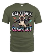 Cat Attack Claws Out Funny Angry Cat Graphic T Shirt - military green t-shirt on white background