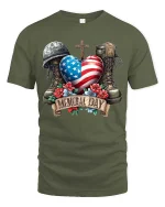 Memorial Day Patriotic Heart Flag Tribute Graphic T Shirt - military green t-shirt on white background