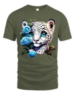 Cute Snow Leopard Cub Blue Roses Graphic T Shirt Design - military green t-shirt on white background