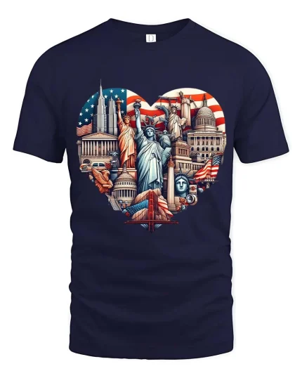 USA Landmarks Heart Patriotic Travel Graphic T Shirt - navy t-shirt on white background