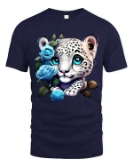 Cute Snow Leopard Cub Blue Roses Graphic T Shirt Design - navy t-shirt on white background
