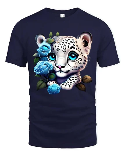 Cute Snow Leopard Cub Blue Roses Graphic T Shirt Design - navy t-shirt on white background